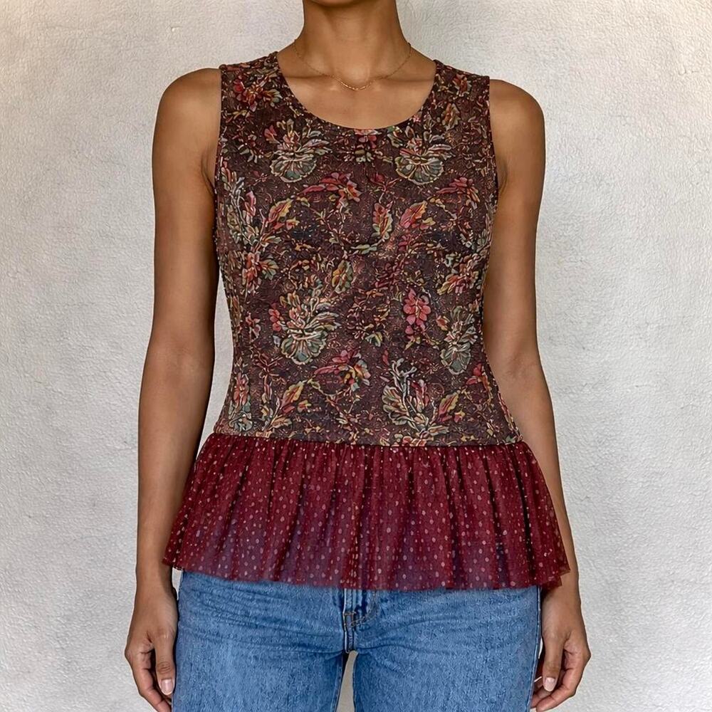 Eva Franco Anthro Euro Boho Brown Tapestry Peplum Top Mesh Ruffle Hem Size M